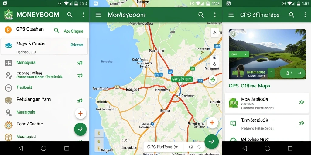 Screenshot aplikasi MONEYBOOM menampilkan antarmuka GPS Offline Maps yang intuitif.